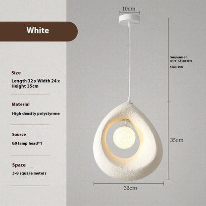 White high-density polystyrene pendant light with a teardrop shape and g9 lamp head.