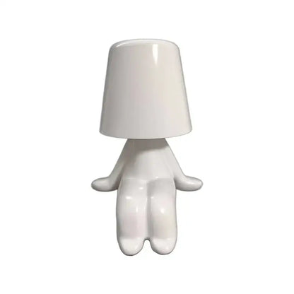 White ceramic articulated golden man table lamp with bucket-shaped head and minimalist body for bedroom night light