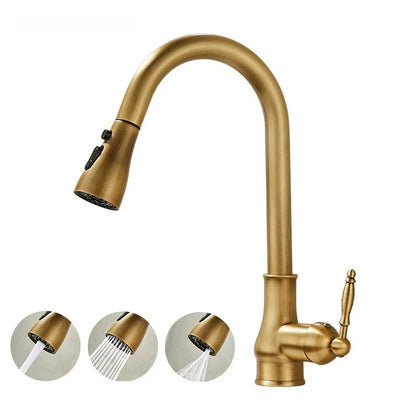 Antique bronze articulated kitchen faucet with a curved spout and pull-down spray head in durable brass finish