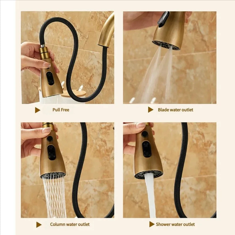 Articulated kitchen faucet in antique bronze with durable brass body and black flexible hose featuring multiple spray settings