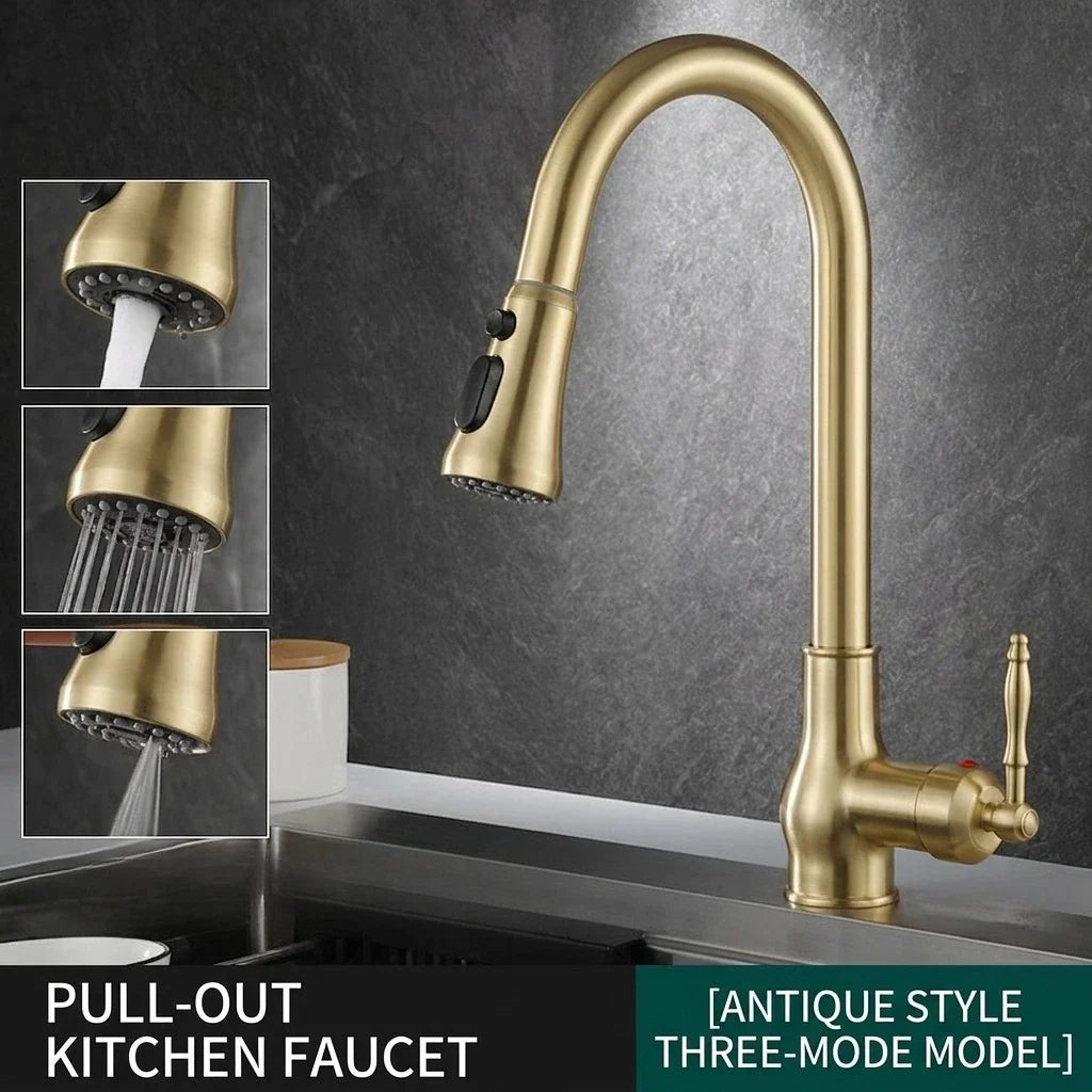 Antique bronze kitchen faucet with pull-out spray head and three-mode functionality made of durable brass