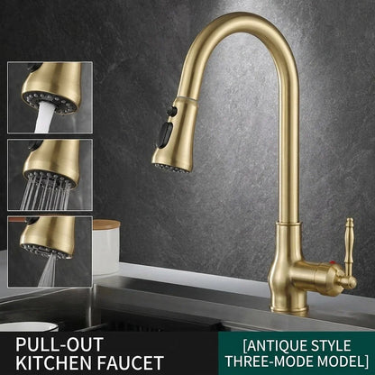 Antique bronze kitchen faucet with pull-out spray head and three-mode functionality made of durable brass