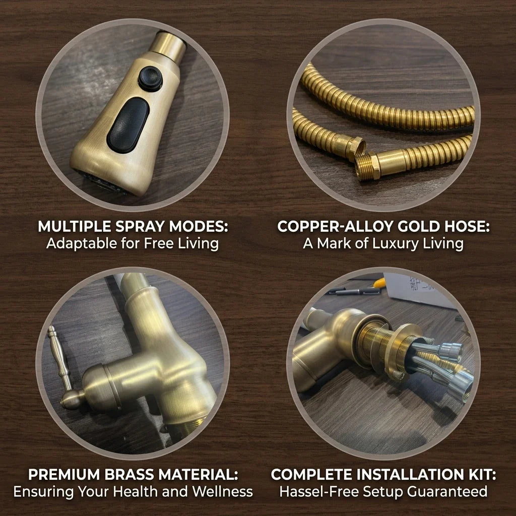 Articulated kitchen faucet antique bronze with durable brass finish and sleek modern design featuring multiple spray modes