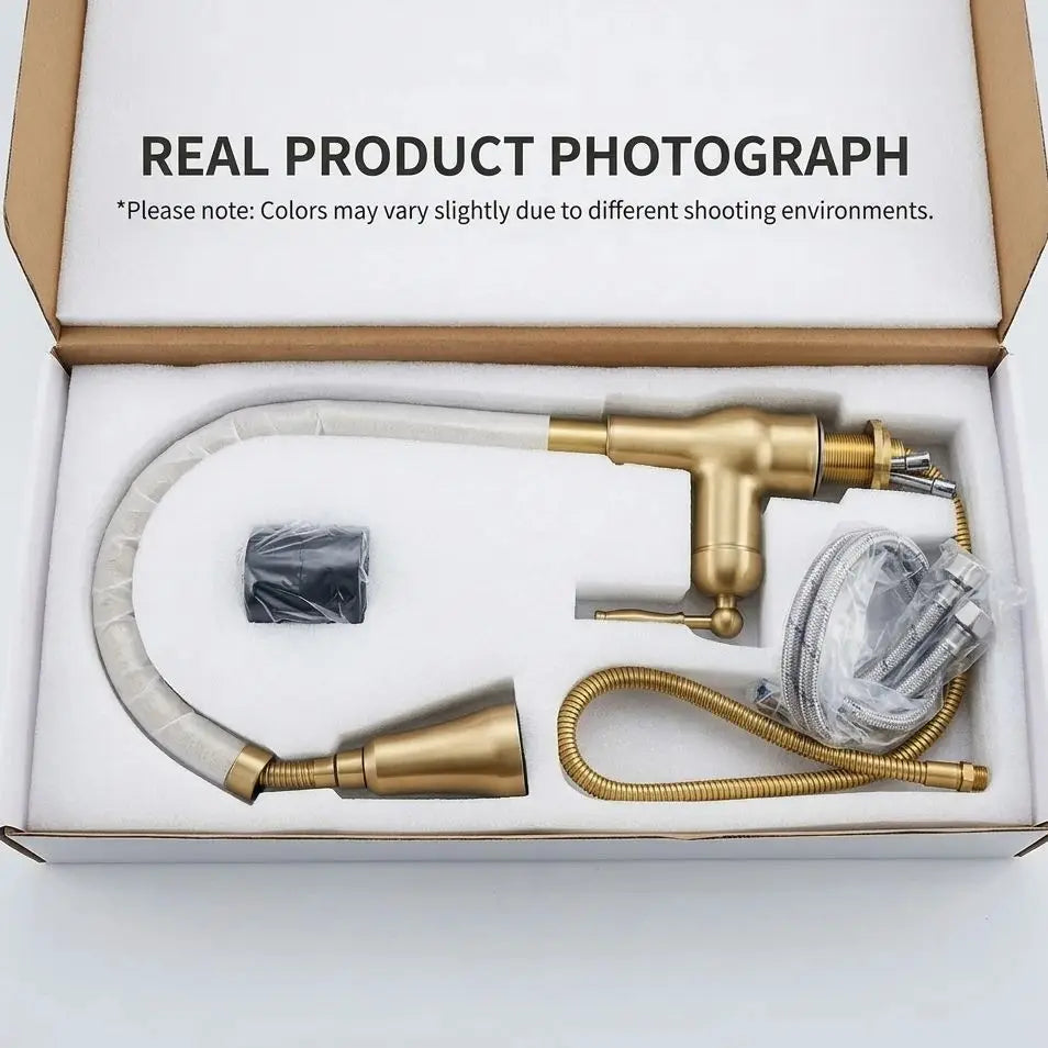 Articulated kitchen faucet antique bronze with durable brass finish curved spout and flexible hose in retail packaging