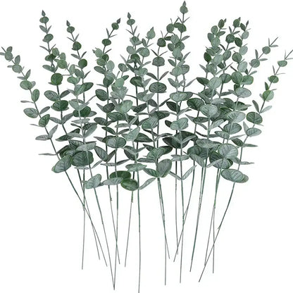 A bundle of 100pcs decorbites artificial eucalyptus leaves with round green foliage and slender wire stems for living room decor