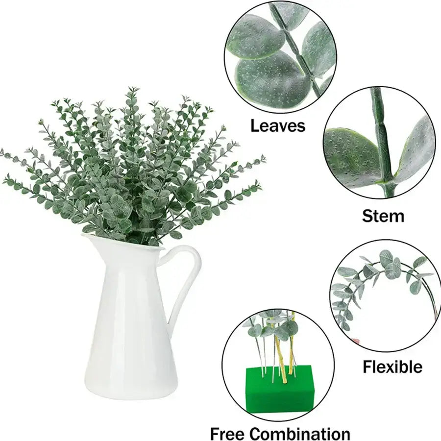 White ceramic pitcher holding decorbites artificial eucalyptus 100pcs artificial eucalyptus leaves for living room decor