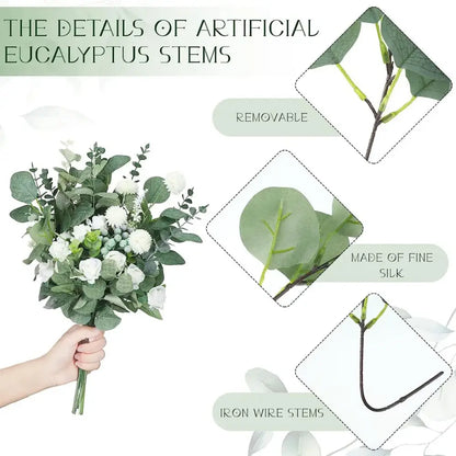 A delicate bouquet of white silk artificial flower plants eucalyptus stems with removable leaves for wedding decor