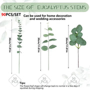 Set of 90 artificial eucalyptus stems in varying leaf shapes for home decoration or wedding accessories