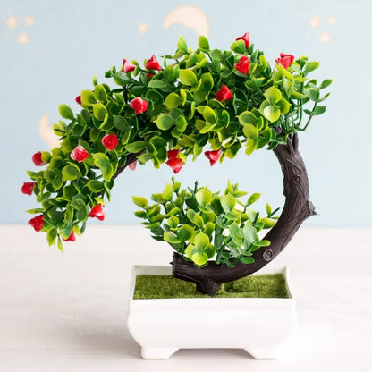 Artificial bonsai tree with vibrant green leaves and bright red blossoms crafted from realistic artificial materials