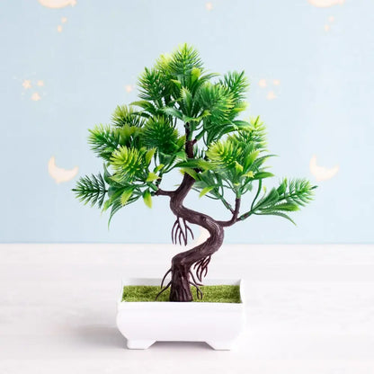 Artificial bonsai tree with dark brown twisted trunk and green needle foliage in white pot with faux moss garden decor