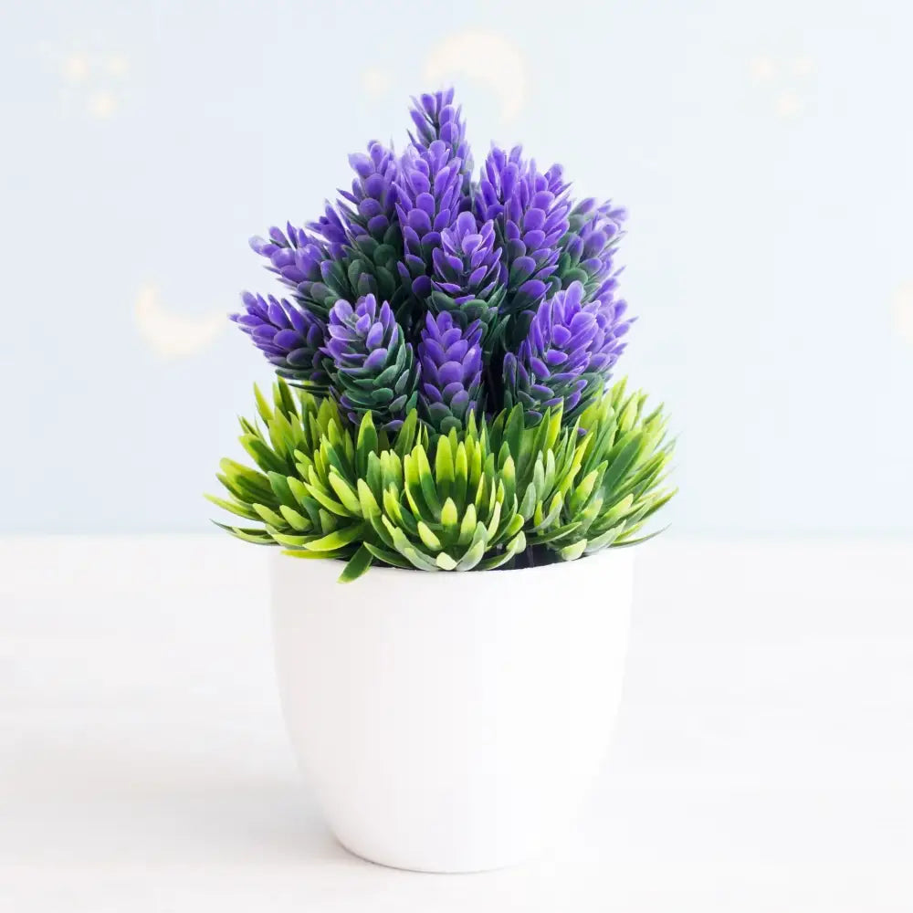Artificial bonsai tree featuring purple and green artificial lavender in a white ceramic pot for garden decor