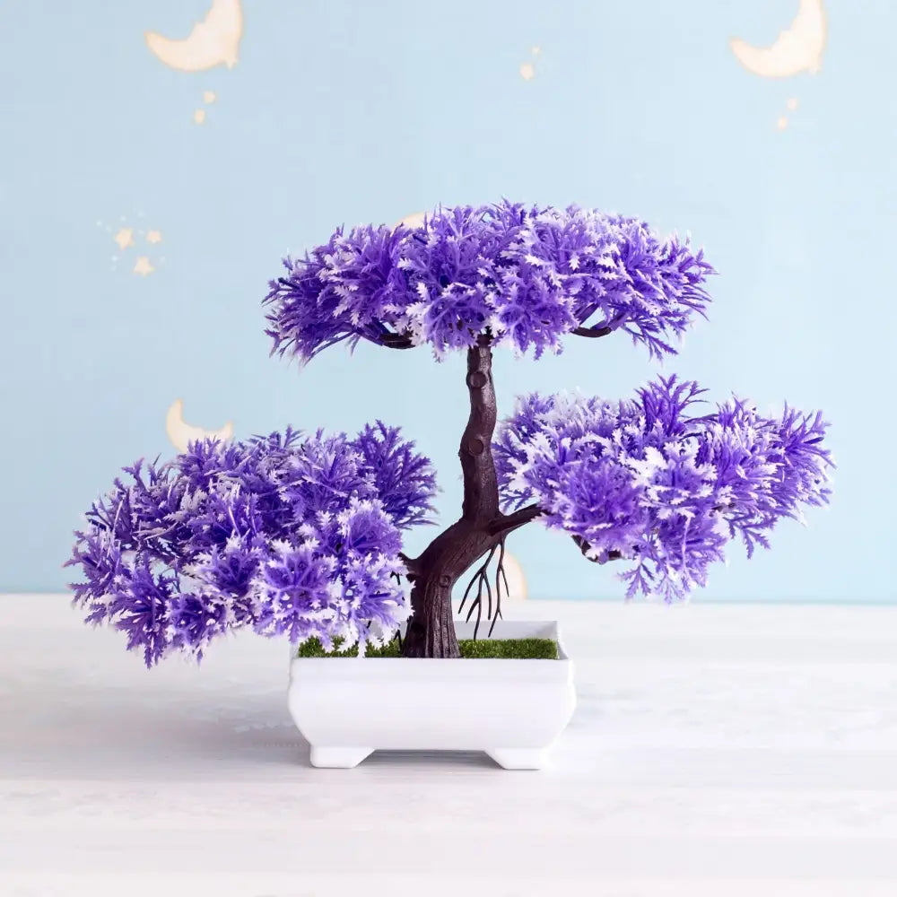 Purple artificial bonsai tree with layered feathery foliage in white rectangular pot for garden decor