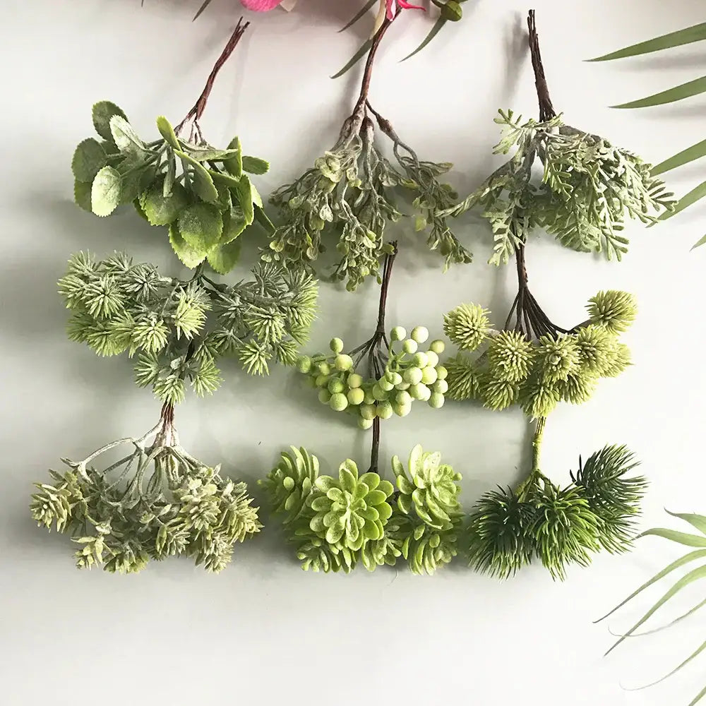 Artificial green plant flower cherry berries bundle with varied leaf textures made of synthetic decorbites green plant material