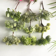 Artificial green plant flower cherry berries bundle with varied leaf textures made of synthetic decorbites green plant material