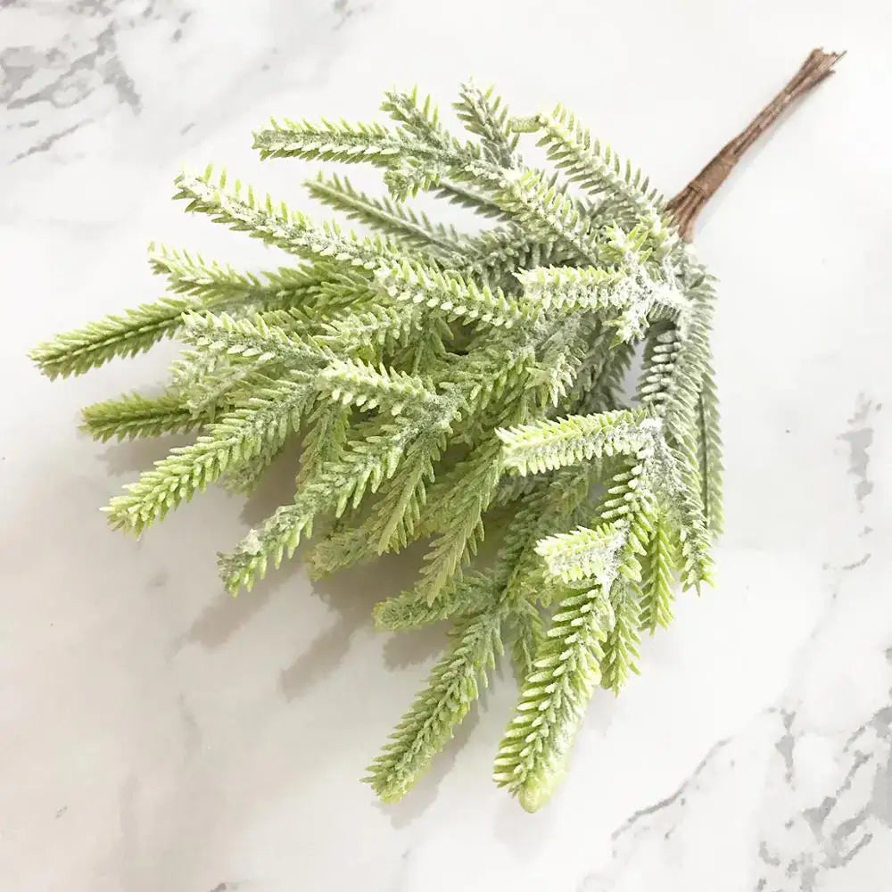 Frost-dusted artificial green plant flower cherry branch with textured needle-like foliage for decorbites green plant decor