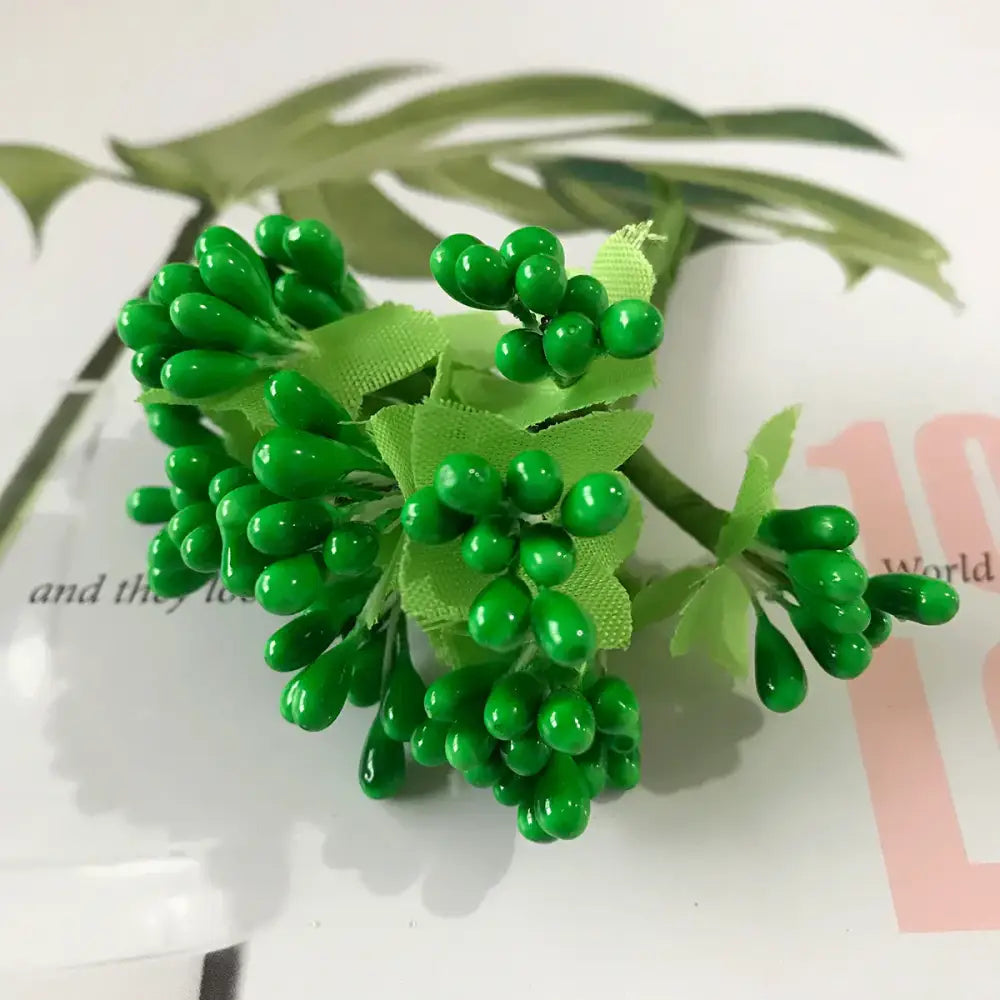 Bright green decorbites green plant flower cherry berries bundle with glossy plastic beads and fabric leaves for decor