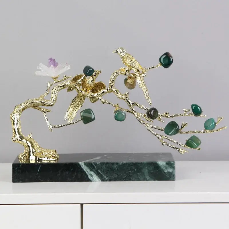 Artisan amethyst and golden tree handicraft sculpture with golden bird green gemstone fruits and purple crystal base