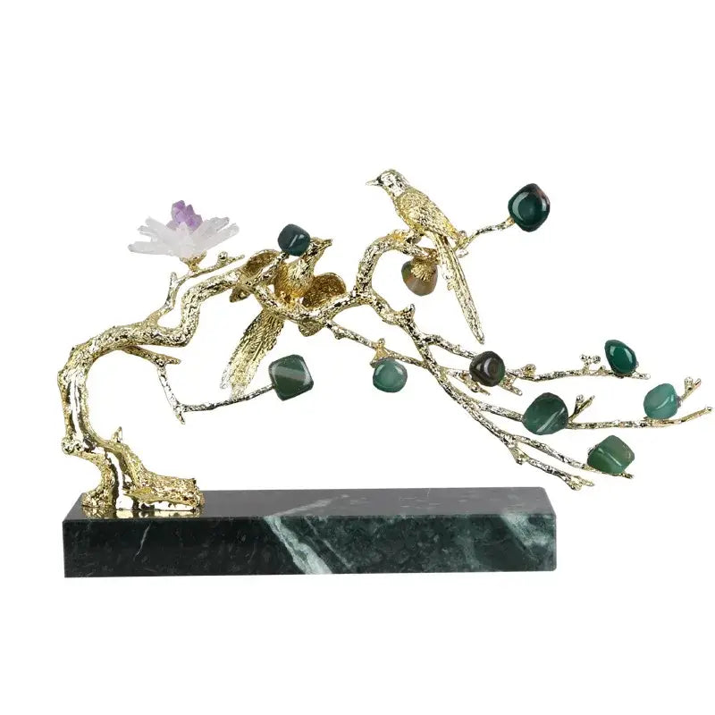 Artisan amethyst and golden tree handicraft sculpture with green gemstone fruits on a dark marble base for living room decor