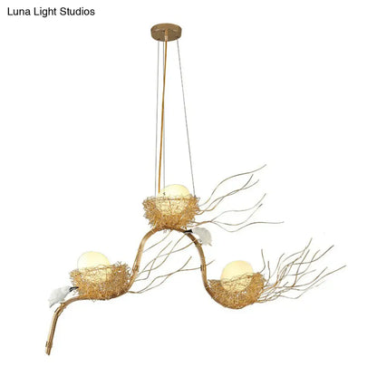 DecorBites™ Artistic 3-Light Beige Nest and Egg Island Pendant with Cream Glass Shade