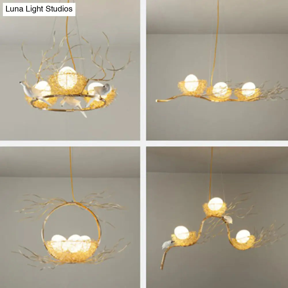 DecorBites™ Artistic 3-Light Beige Nest and Egg Island Pendant with Cream Glass Shade
