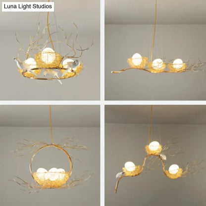 DecorBites™ Artistic 3-Light Beige Nest and Egg Island Pendant with Cream Glass Shade