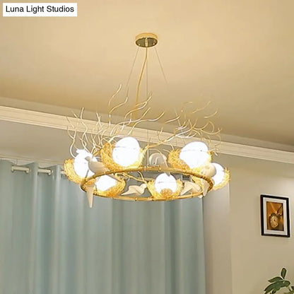 DecorBites™ Artistic 3-Light Beige Nest and Egg Island Pendant with Cream Glass Shade