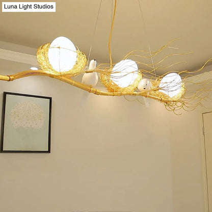 DecorBites™ Artistic 3-Light Beige Nest and Egg Island Pendant with Cream Glass Shade