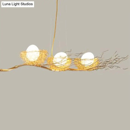 DecorBites™ Artistic 3-Light Beige Nest and Egg Island Pendant with Cream Glass Shade
