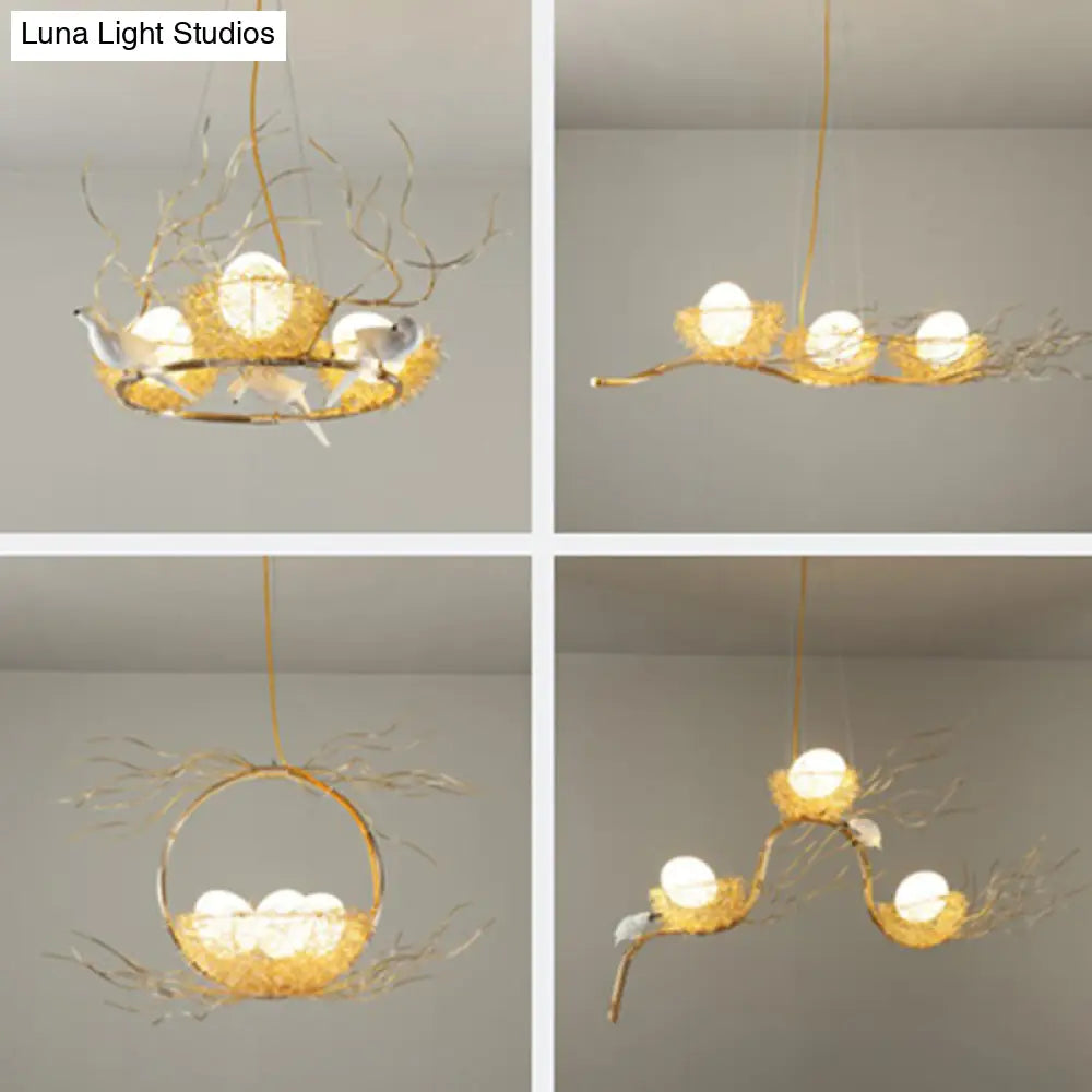 DecorBites™ Artistic 3-Light Beige Nest and Egg Island Pendant with Cream Glass Shade