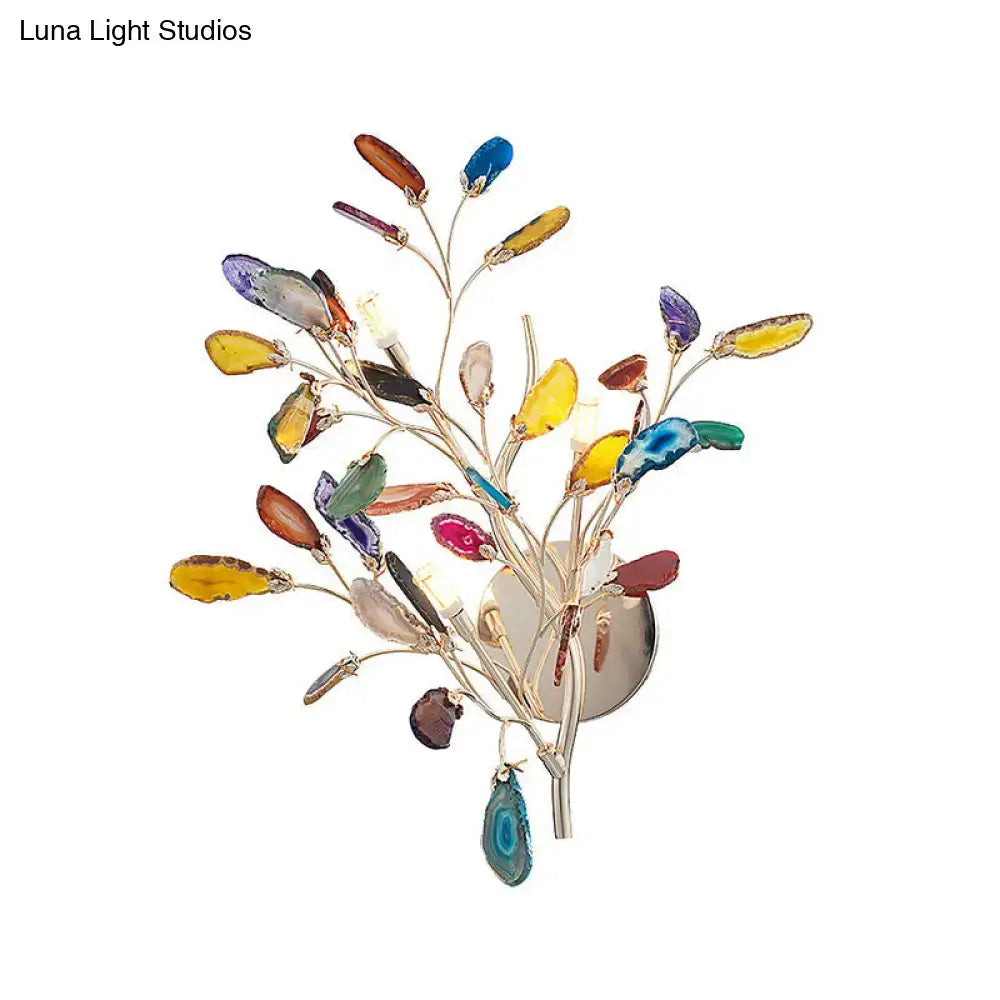 Artistic agate leaf wall light with vibrant multi-colored gemstone slice and metallic frame for living area bulb base