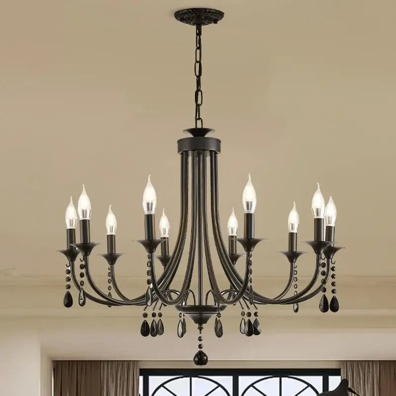 Artistic black metal crystal chandelier with candle-style bulbs and crystal droplets for dining room decorbites black metal lighting