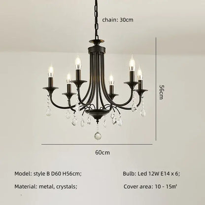 Artistic decorbites black metal crystal chandelier with six led bulbs and crystal droplets for dining room lighting