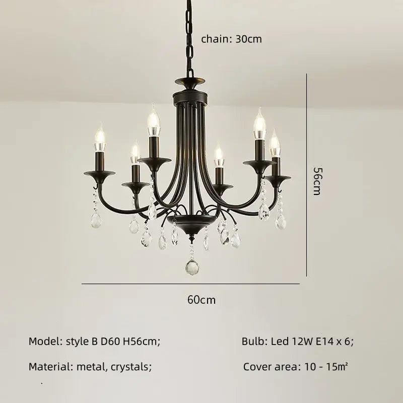 Artistic decorbites black metal crystal chandelier with six led bulbs and crystal droplets for dining room lighting
