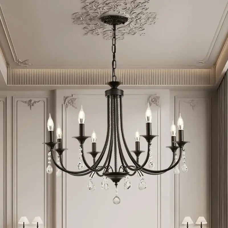 Artistic black metal crystal chandelier with wrought iron frame and candle-style led bulbs for dining room decorbites black metal