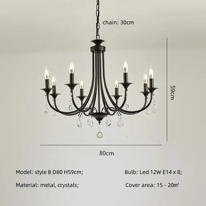 Artistic black metal crystal chandelier with eight led bulbs and crystal droplets for dining room decorbites black metal lighting