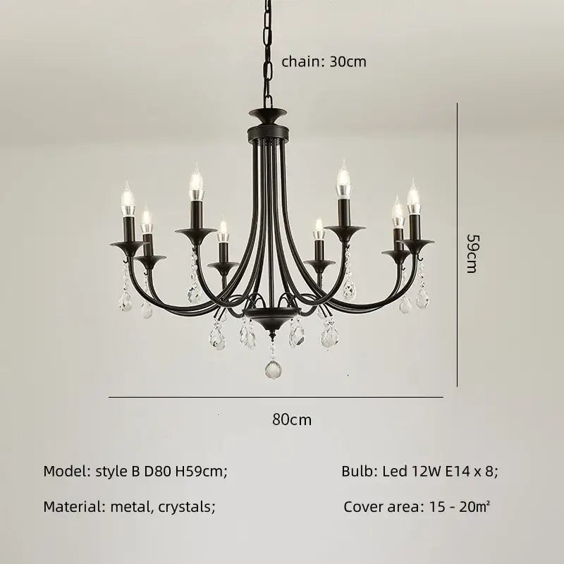 Artistic black metal crystal chandelier with eight led bulbs and crystal droplets for dining room decorbites black metal lighting