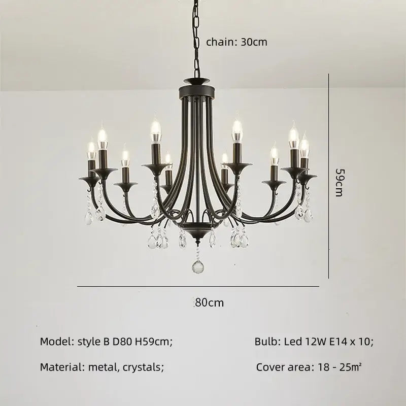 Artistic black metal crystal chandelier with ten led bulbs and crystal droplets for dining room decorbites black metal lighting
