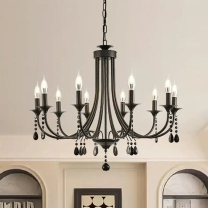 Artistic black metal crystal chandelier with candle-style bulbs and crystal droplets for dining room decorbites black metal