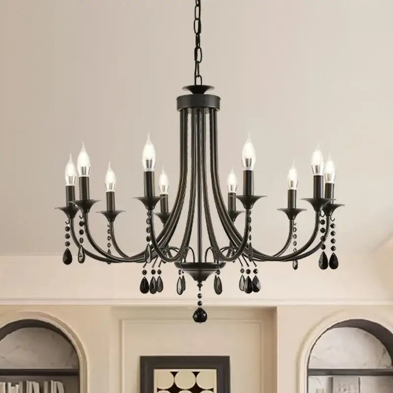 Artistic black metal crystal chandelier with candle-style bulbs and crystal droplets for dining room decorbites black metal