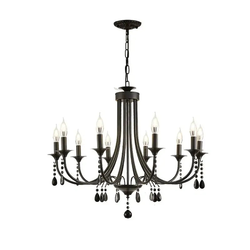 Artistic black metal crystal chandelier with candle-style bulbs and crystal droplets for dining room decorbites black metal lighting