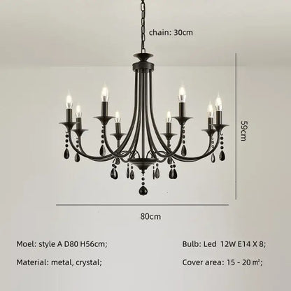 Black metal crystal chandelier with candle-style led bulbs and crystal droplets for dining room decorbites black metal lighting