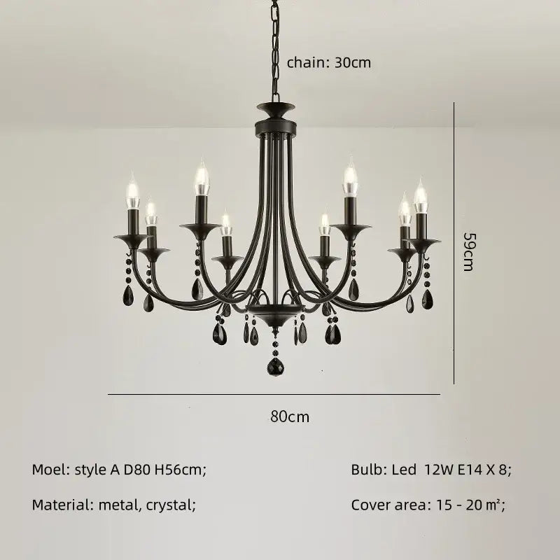 Black metal crystal chandelier with candle-style led bulbs and crystal droplets for dining room decorbites black metal lighting