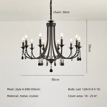 Artistic black metal crystal chandelier with ten led bulbs and crystal droplets for dining room decorbites black metal lighting