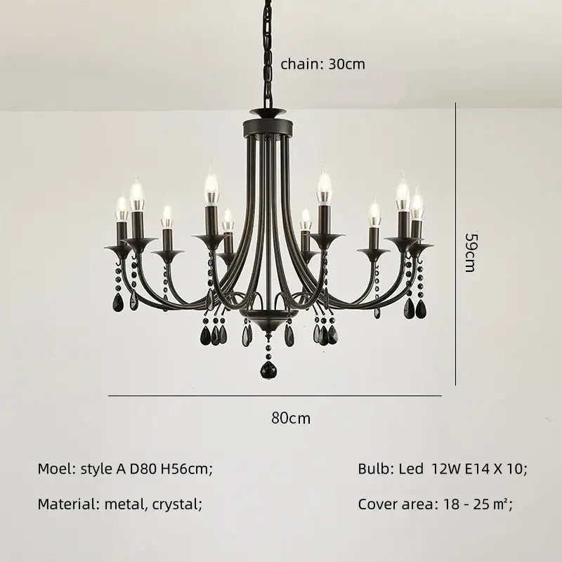Artistic black metal crystal chandelier with ten led bulbs and crystal droplets for dining room decorbites black metal lighting