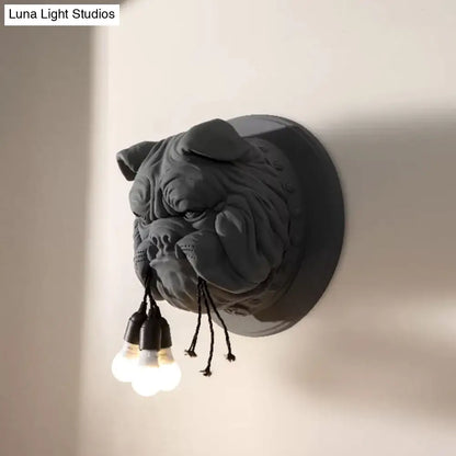 Lámpara de pared artística con forma de cabeza de bulldog - Blanco/Negro - 3 cabezas de resina - Para montaje en pared de baño