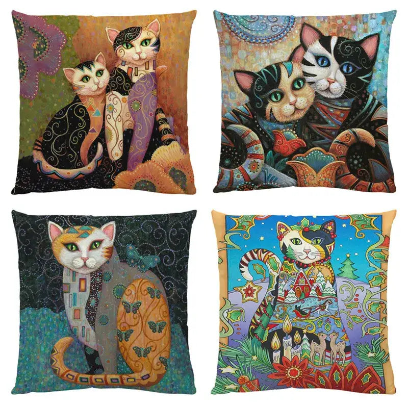 Set of four black cushion covers with colorful stylized cat print for living room decorbites cat print decor