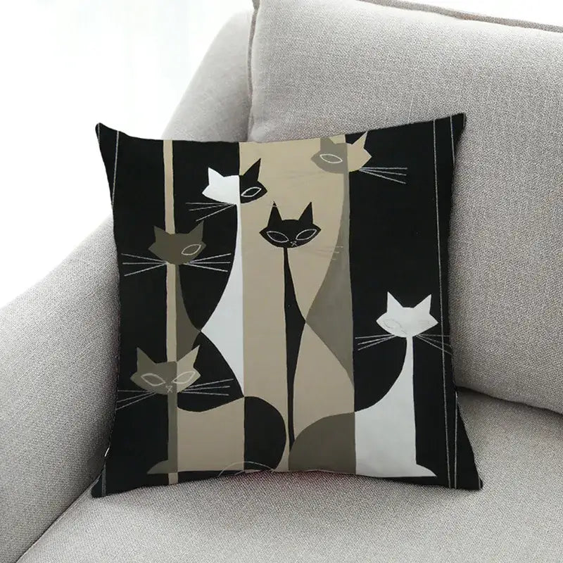 Square throw pillow with artistic cat print black design in beige white on vertical stripes for living room decorbites cat print set of 4