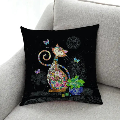 Black cushion cover featuring colorful patchwork cat print with floral patterns and butterflies for living room decorbites cat print
