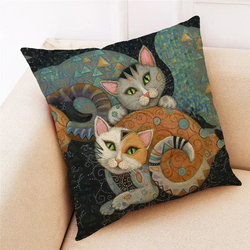 Square cat print black cushion cover set of 4 featuring artistic stylized cats with green eyes and geometric decorbites design