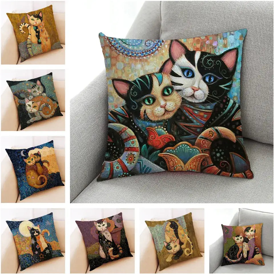 Square black cushion cover set of 4 featuring vibrant decorbites cat print with intricate patterns for living room decor